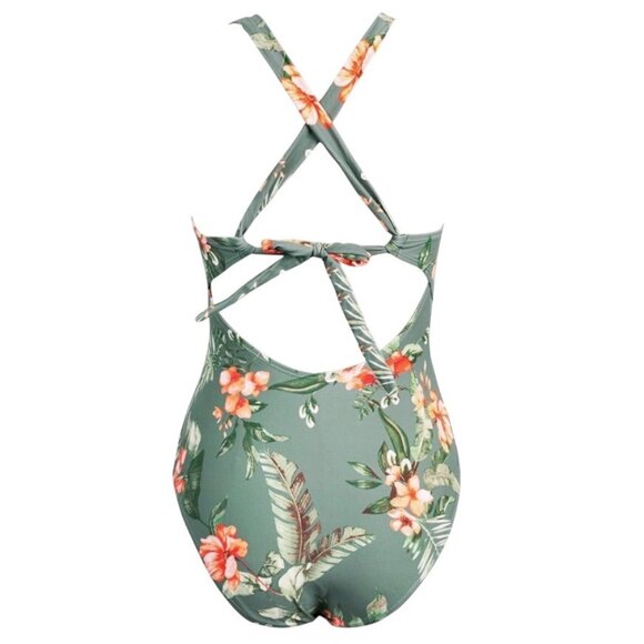 CUPSHE Women 1 Piece Swimsuit M Green Floral V-Neck Cutout Strap Crisscross Back - Picture 5 of 9